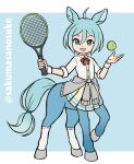  1girl ahoge animal_ears ankle_socks artist_name ball blue_background blue_eyes blue_hair blue_skirt blue_tail collared_shirt commentary_request ear_piercing grey_sweater hair_between_eyes horse_ears horse_tail long_hair looking_at_viewer open_mouth original piercing pleated_skirt racket sakuma_sanosuke shirt sketch skirt sleeves_rolled_up socks solo string_tie sweater tail tennis_ball tennis_racket tied_sweater two-tone_background two-tone_skirt white_background white_shirt white_socks wristband yellow_skirt 