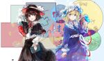  2girls :d adapted_costume adjusting_clothes adjusting_headwear black_capelet black_hat black_skirt blonde_hair blue_bow blue_butterfly blue_eyes blue_ribbon blush book bow bowtie brown_eyes brown_hair bug butterfly butterfly_on_hand buttons capelet collared_dress collared_shirt commentary contrast_collar dress flower flower_request frilled_shirt_collar frilled_sleeves frills gap_(touhou) hat hat_bow highres holding holding_book long_sleeves maribel_hearn medium_hair mob_cap multiple_girls neck_ribbon open_mouth purple_dress red_bow red_bowtie ribbon sash shirt shirt_tucked_in skirt smile star_(symbol) teeth touhou translation_request upper_teeth_only usami_renko uwazumi white_bow white_hat white_sash white_shirt 