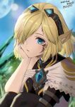  1girl animal_ears blonde_hair blue_eyes blue_gem blue_sky blurry blurry_background celica_(xenoblade_x) commentary_request dated day eyelashes facial_mark gem hair_over_one_eye lens_flare medium_hair outdoors parted_lips sitting sky solo upper_body xenoblade_chronicles_(series) xenoblade_chronicles_x yamamori_kinako 
