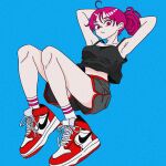  1girl absurdres arms_behind_head arms_up bare_shoulders black_camisole black_shorts blue_background camisole closed_mouth collarbone commentary_request dutch_angle film_grain firework_japan highres looking_at_viewer midriff nike_(company) original pink_hair ponytail red_trim shoelaces shoes shorts simple_background sneakers socks solo white_socks 