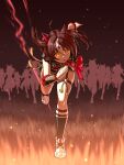  6+girls ahoge animal_ears black_jacket black_shorts black_socks breasts brown_eyes brown_hair commentary_request frilled_wristband glowing glowing_eyes gran_alegria_(smile_my_way!)_(umamusume) gran_alegria_(umamusume) hair_between_eyes hair_ornament horse_ears horse_girl horse_tail jacket looking_at_viewer medium_hair multicolored_hair multiple_girls o-ring o-ring_thigh_strap peeta running shoes shorts silhouette socks solo_focus tail textless_version thigh_strap umamusume x_hair_ornament 