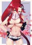  1girl absurdres belt bikini bikini_top_only flame_print hair_ornament highres long_hair momihige ponytail red_hair short_shorts shorts skull_hair_ornament solo studded_belt swimsuit tengen_toppa_gurren_lagann very_long_hair yellow_eyes yoko_littner 