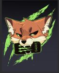 2026 ambiguous_gender anthro beverage beverage_can black_eyes black_nose border brown_body brown_eyebrows brown_fur canid canine cheek_tuft circle_eyebrows dipstick_ears ear_markings energy_drink english_text eyebrows facial_tuft fangs feve fox fur gradient_background green_text grey_background grey_border head_tuft holding_object holding_object_in_mouth icon inner_ear_fluff liquid looking_away mammal markings monster_energy monster_energy_can monster_energy_logo multicolored_body multicolored_ears multicolored_fur narrowed_eyes orange_body orange_fur simple_background solo teeth text tuft whiskers white_body white_fur white_inner_ear_fluff