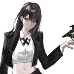  1girl bang_dream! bang_dream!_it's_mygo!!!!! bird black_hair black_jacket black_ribbon closed_mouth cropped_jacket cropped_shirt crow ear_piercing feiyu30903448 hair_between_eyes highres jacket long_hair mole mole_under_eye navel neck_ribbon open_clothes open_jacket piercing purple_eyes ribbon shiina_taki shirt simple_background solo white_background white_shirt 