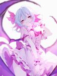  1girl 25omega25 \||/ ascot back_bow bat_wings bloom blue_hair blush bow breasts brooch center_frills collared_shirt commentary cowboy_shot dot_nose eyes_visible_through_hair fang finger_to_mouth fingernails frilled_shirt frilled_skirt frilled_sleeves frilled_wrist_cuffs frills hair_between_eyes hair_bow hair_intakes hand_up highres jewelry layered_skirt looking_at_viewer missing_headwear pink_shirt pointy_ears puffy_short_sleeves puffy_sleeves red_ascot red_bow red_eyes remilia_scarlet ribbon-trimmed_skirt ribbon_trim sharp_fingernails shirt short_hair short_sleeves simple_background skin_fang skirt skirt_set sleeve_ribbon slit_pupils small_breasts smile solo split_mouth standing touhou v-shaped_eyebrows white_background wings wrist_cuffs 