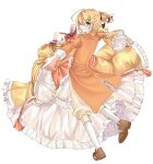  1girl aku_no_meshitsukai_(vocaloid) aku_no_musume_(vocaloid) allen_avadonia allen_avadonia_(cosplay) baggy_pants black_flower black_rose blonde_hair blood blood_on_clothes blood_on_dress blue_eyes bow brown_pants brown_shoes coat collared_coat collared_jacket commentary_request cosplay costume_switch crossdressing crossdressing_(ftm) dancing dress dress_bow evillious_nendaiki flower frilled_dress frills grin hair_between_eyes hair_ornament hair_over_one_eye hair_ribbon hairclip highres implied_death implied_decapitation jacket kagamine_rin korean_commentary looking_at_viewer myang_(_0_0_o_o_) off-shoulder_dress off_shoulder orange_bow orange_coat orange_jacket orange_ribbon pants parallel_hairclips petticoat ponytail ribbon riliane_lucifen_d'autriche rose shoes short_ponytail sideways_glance smile socks solo swept_bangs symbolism turning_head vocaloid waltz_(dance) white_socks wide_sleeves yellow_dress 