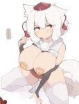  ... 1girl animal_ears blush breasts clothes_lift hat highres huge_breasts inubashiri_momiji paint_chat_(medium) pasties red_eyes red_hat shirt_lift simple_background solo spoken_blush spoken_ellipsis squatting tail thighhighs tokin_hat touhou umitsuki_(kurage_no_shokushu) white_background white_hair white_thighhighs wolf_ears wolf_girl wolf_tail 
