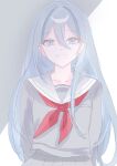  1girl arms_behind_back blue_eyes commentary_request grey_background grey_hair grey_serafuku grey_shirt grey_skirt grin hair_between_eyes highres long_bangs long_hair long_sidelocks long_sleeves looking_at_viewer miyamasuzaka_girls'_academy_school_uniform neckerchief pleated_skirt project_sekai red_neckerchief sailor_collar school_uniform serafuku shirt sidelocks simple_background skirt smile solo straight-on twitter_username two-tone_background upper_body very_long_hair white_background white_sailor_collar wyuki0821 yoisaki_kanade 