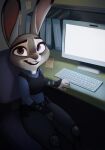  2022 anthro book chair clothed clothing computer_keyboard computer_monitor desk dipstick_ears disney female fur furniture grey_body grey_fur hi_res inside judy_hopps lagomorph leporid long_ears mammal multicolored_ears nervous_smile open_mouth open_smile police_uniform purple_eyes qupostuv35 rabbit sitting smile solo table uniform zootopia 