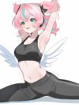  1girl absurdres alternate_costume aqua_eyes aqua_streaks aria_(human)_(zenless_zone_zero) aria_(zenless_zone_zero) armpits arms_behind_back black_pants black_sports_bra blush breasts front_sitting_split hair_between_eyes hand_on_own_arm highres medium_breasts multicolored_hair navel open_mouth pants pink_hair shusuchii simple_background sitting_split small_sweatdrop solo split sports_bra star_(symbol) star_in_eye stomach streaked_hair stretching symbol_in_eye white_background white_wings wings zenless_zone_zero 
