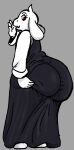 2026 4_fingers anthro barefoot big_butt big_eyes big_iris biped black_and_white black_eyebrows black_eyes boss_monster_(undertale) bovid butt caprine clothed clothed_anthro clothed_female clothing curved_eyebrows digital_drawing_(artwork) digital_media_(artwork) english_description eyebrows eyelashes fangs feet female fingers floppy_ears full-length_portrait fur glistening glistening_clothing glistening_eyes glistening_robe goat grey_background hi_res holding_butt horn huge_butt humanoid_hands iris light_body light_fur long_eyelashes looking_at_viewer looking_back looking_back_at_viewer lop_ears mammal mature_anthro mature_female monochrome monotone_background monotone_horn multicolored_clothing multicolored_robe open_mouth open_smile plantigrade portrait pose robe scratchddisc short_horn simple_background small_horn smile smiling_at_viewer snout solo standing teeth three-quarter_view toriel two_tone_robe undertale undertale_(series) white_body white_ears white_fur white_horn white_sclera