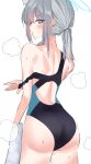  1girl animal_ear_fluff aqua_eyes ass bangs blue_archive blush commentary_request ear_piercing grey_hair hair_between_eyes hair_ornament halo highres holding holding_towel jewelry looking_at_viewer off_shoulder one-piece_swimsuit parted_lips piercing ponytail shiroko_(blue_archive) shiroko_(swimsuit)_(blue_archive) simple_background solo swimsuit towel tsumayouji_(tumayog) undressing wet white_background 