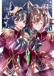  2girls 5sen5sen ahoge animal_ears blush breasts brown_hair burning_as_one_(umamusume) closed_mouth coat commentary_request ears_through_headwear epaulettes glowstick green_eyes green_hair hair_between_eyes hair_ornament hair_over_one_eye hat highres horse_ears horse_girl jacket kiseki_(umamusume) large_breasts long_sleeves looking_at_viewer multicolored_hair multiple_girls one_eye_closed open_mouth penlight_(glowstick) red_coat red_jacket red_thighhighs rulership_(umamusume) short_hair smile streaked_hair teeth thighhighs umamusume upper_teeth_only white_streaks yellow_hat 