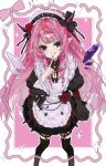  1girl absurdres apron black_dress black_hairband black_thighhighs blue_eyes commentary crystal_wings detached_wings dress flower hairband heterochromia highres hololive hololive_english irys_(hololive) irys_(maid)_(hololive) long_hair looking_at_viewer maid_apron multicolored_hair official_alternate_costume pink_hair pointy_ears purple_eyes red_flower red_rose red_streaks rose solo streaked_hair takashi_kittaka thighhighs tongue tongue_out untranslatable_commentary virtual_youtuber white_apron wings 