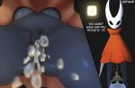 anthro areola bodily_fluids breasts clitoral_hood clitoris clothed clothing duo errect female genital_fluids genitals hi_res hollow_knight_(franchise) hornet_(hollow_knight) inner_labia male male/female navel nipples peeing peeing_on_another penis simple_background slightly_chubby team_cherry text the_knight_(hollow_knight) under_boob upskirt upskirt_view urine vexyfursure vulva watersports