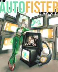  2girls absurdres ahoge ascot blonde_hair brown_hair cecilia_immergreen colored_inner_hair commentary crt doll_joints failure gigi_murin green_eyes green_hair green_jacket green_pants grey_hair hair_between_eyes high_heels highres hololive hololive_english jacket joints multicolored_hair multiple_girls necktie pants pink_eyes red_ascot red_necktie shirt standing tablicoart television twintails two-tone_hair untranslatable_commentary virtual_youtuber white_shirt winding_key 
