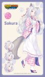  1girl :o animal_ear_fluff animal_ears animal_hands apron bell blush bow cat_ears cat_girl cat_paws cat_tail character_name checkered_bow checkered_clothes checkered_kimono cherry_blossoms closed_eyes copyright_name finger_to_mouth fluffy_tail frills grey_fur hair_ribbon hand_on_own_stomach hand_up japanese_clothes kimono long_hair long_sleeves looking_at_viewer looking_to_the_side name_tag nekopara nekopara_sekai_connect no_pupils official_art pale_skin red_ribbon ribbon sakura_(nekopara) sandals sayori_(neko_works) smile socks surprised tabi tail white_apron white_hair white_socks 
