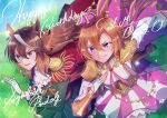  2girls aiguillette animal_ears armor ascot blush breasts brown_hair buttons cape character_name commentary_request crown double-breasted earrings epaulettes fingerless_gloves gloves gold_corset green_jacket green_skirt hair_between_eyes happy_birthday highres horse_ears horse_girl horse_tail jacket jewelry long_hair long_sleeves medal medium_breasts mini_crown multicolored_hair multiple_girls open_mouth orange_hair orange_tail pink_cape pink_crown purple_eyes red_cape running shirt short_hair shoulder_armor side_cape single_earring single_epaulette single_fingerless_glove skirt smile sorako_(trombone-sora) streaked_hair symboli_rudolf_(emperor's_path)_(umamusume) symboli_rudolf_(umamusume) t.m._opera_o_(o_sole_suo!)_(umamusume) t.m._opera_o_(umamusume) tail two-tone_skirt umamusume white_gloves white_hair white_shirt 