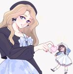  2girls :d ^_^ arm_at_side beret black_hair black_sweater blonde_hair blue_skirt bow bow_earrings bright_pupils closed_eyes commentary_request dress earrings eyelashes forced_perspective glass_no_kamen grey_background grin hat heart heart_arms heart_arms_duo heart_hands heart_hands_duo highres himekawa_ayumi jewelry kitajima_maya laura_(wisteriamemory_) long_hair long_sleeves looking_at_viewer multicolored_shoes multiple_girls off-shoulder_shirt off_shoulder open_mouth petticoat pink_nails print_skirt purple_eyes shirt simple_background single_off_shoulder skirt smile standing sweater two-tone_shoes white_dress white_pupils yuri 