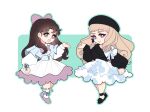  2girls :d arm_at_side beret black_hat black_shoes black_sweater blonde_hair blue_capelet bow bowtie bright_pupils brown_eyes brown_hair capelet chibi chibi_only commentary_request curled_ends curtained_hair dress earrings full_body glass_no_kamen green_background green_outline grin hair_bow hand_up hat highres himekawa_ayumi jewelry kitajima_maya large_bow laura_(wisteriamemory_) long_hair multicolored_shoes multiple_girls off-shoulder_sweater off_shoulder open_mouth outline pink_bow pink_bowtie print_skirt purple_eyes shoes single_off_shoulder skirt smile standing sweater two-tone_background two-tone_shoes white_background white_bow white_dress white_pupils white_skirt 