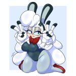 absurd_res anthro big_breasts blue_eyes blue_sclera blush bovid bow_tie breasts bunny_costume caprine cleavage clothed clothing costume fake_ears fake_rabbit_ears female gesture hair hand_gesture hi_res horn idw_publishing lanolin_the_sheep_(sonic) lonercroissant long_hair mammal sega sheep smile solo sonic_the_hedgehog_(comics) sonic_the_hedgehog_(idw) sonic_the_hedgehog_(series) v_sign white_hair