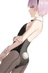  1boy ass back-seamed_legwear bare_shoulders black_hairband black_leotard bulge closed_mouth collar commentary_request cowboy_shot crossdressing crossdressing_(mtf) detached_collar dutch_angle fake_tail from_side grey_pantyhose hairband hand_on_own_arm leotard light_smile looking_at_viewer male_focus male_playboy_bunny orange_eyes original pantyhose partial_commentary profile purple_hair purple_hair_boy_(sunaba_(nczd5875)) rabbit_tail seamed_legwear shaded_face shadow short_hair simple_background smile solo standing sunaba_(nczd5875) tail trap white_background white_collar white_wrist_cuffs wrist_cuffs 