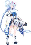  1girl ^_^ absurdly_long_hair black_bridal_gauntlets black_socks blue_archive blue_bow blue_bowtie blue_hair blue_halo blue_sandals blue_trim blush bow bowtie braid braided_twintails bridal_gauntlets chise_(blue_archive) closed_eyes detached_sleeves flower full_body game_asset grenade_launcher gun hair_flower hair_ornament halo high_heels highres holding holding_gun holding_weapon horns hwansang japanese_clothes kimono large_variant_set layered_legwear long_hair long_sleeves milkor_mgl nervous obi official_art open_mouth pink_horns platform_sandals raised_inner_eyebrows sailor_collar sandals sash short_kimono sidelocks simple_background skin-covered_horns sleeveless sleeveless_kimono socks solo standing sweat tabi tachi-e tassel third-party_source transparent_background twintails variant_set very_long_hair weapon white_flower white_kimono white_sailor_collar white_sleeves white_socks wide_sleeves 