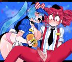 2girls :d absurdres akita_neru alternate_breast_size_(larger) apron areola_slip arms_at_sides artificial_vagina assertive_female back_bow bare_arms bent_over black_choker black_eyes black_mouth black_necktie blue_hair blue_shirt blue_sky blurry blurry_background blush bow breasts buttons choker chromatic_aberration cleavage cloud collared_shirt commentary covered_nipples diagonal-striped_bow double-parted_bangs drill_hair drooling empty_eyes english_commentary female_on_futa female_pubic_hair flying_sweatdrops frilled_apron frills from_below from_side frown futa_with_female futanari futasub hair_between_eyes half-closed_eyes half-erect hat hatsune_miku highres holding holding_sex_toy kasane_teto large_breasts letterboxed long_hair looking_at_another looking_at_penis looking_down meme mesmerizer_(vocaloid) miku_and_futa_teto_(meme) motion_lines multiple_girls necktie no_pupils no_testicles onahole_handjob onahole_job open_fly osulan outdoors outside_border panties pants patreon_logo patreon_username penis pink_panties pinstripe_pattern pinstripe_shirt pubic_hair puffy_short_sleeves puffy_sleeves red_bow red_eyes red_hair red_hat red_pants red_pubic_hair saliva sex_toy sharp_teeth shirt short_hair short_sleeves sidelocks sideways_mouth sitting sky small_breasts smile spread_legs striped_bow striped_clothes striped_shirt suspenders sweat tareme teeth tongue trembling twin_drills twintails two-tone_bow two-tone_shirt underwear upper_teeth_only v-shaped_eyebrows vertical-striped_clothes vertical-striped_shirt very_long_hair visor_cap vocaloid waist_apron wavy_mouth white_apron white_bow white_shirt wide-eyed 