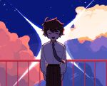  1boy :d akinashi_haru antenna_hair backlighting belt black_hair black_pants blue_necktie blue_sky breast_pocket closed_eyes cloud collared_shirt colorful_clouds commentary double-parted_bangs dress_shirt english_commentary hair_between_eyes highres let's_draw_short-haired_hinanawi_tenshi long_sleeves male_focus necktie open_mouth pants pixel_art pocket railing saihate_eki shirt sidelocks sky smile solo sparkle star_(sky) tosteurmori 
