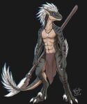 1:1 anthro bottomwear claws clothing dinosaur dragon dromaeosaurid english_text feral food h56_(hikkoro) hi_res hikkoro_wyvern indoraptor jurassic_park jurassic_world knot lizard looking_pleasured lying male markings multicolored_body mythological_creature mythological_scalie mythology nature nature_background on_side prehistoric_species presenting reptile saurischian scalie seductive sickle_claw side_eye simple_background solo striped_markings stripes tail text theropod thick_tail toe_claws universal_studios velociraptor