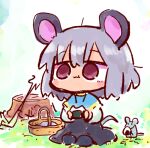  1girl :t animal animal_ears basket black_skirt blue_capelet blush_stickers brown_eyes capelet chibi closed_mouth commentary_request day dowsing_rod food full_body grass grey_hair hair_between_eyes holding holding_food kasuga_yuuki mouse_(animal) mouse_ears mouse_girl mouse_tail nazrin onigiri outdoors shirt sitting skirt solo tail touhou tree_stump wavy_mouth white_shirt 
