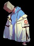  1boy arm_belt bag bag_over_head belt black_background black_belt blue_hoodie commentary_request cropped_torso drawstring faust_(guilty_gear) glowing glowing_eyes guilty_gear highres hood hood_down hoodie jacket korean_commentary long_sleeves looking_down male_focus one_eye_covered open_clothes open_jacket paper_bag realmoon36 red_eyes simple_background solo stethoscope stethoscope_around_neck unzipped white_jacket 