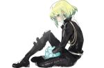  1boy bangs biker_clothes black_footwear boots closed_mouth earrings from_side green_hair hair_between_eyes highres jewelry lio_fotia looking_at_viewer male_focus otoko_no_ko profile promare purple_eyes simple_background sitting solo white_background wumumu 