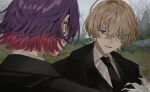  2boys black_necktie black_suit blonde_hair blurry blurry_background collared_shirt colored_inner_hair fura_kanato highres looking_at_another male_focus matsuhago multicolored_hair multiple_boys necktie nijisanji outdoors pink_hair purple_eyes purple_hair shirt short_hair smile suit two-tone_hair upper_body virtual_youtuber watarai_hibari 