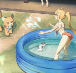  2girls absurdres ahoge bikini blonde_hair cho_kaguya-hime! commentary cropped_shirt film_grain highres jingulbi kaguya_(cho_kaguya-hime!) long_hair multiple_girls nail_polish orange_bikini ponytail sakayori_iroha see-through_clothes see-through_shirt shide shirt sidelocks standing swimsuit toenail_polish toenails wading_pool 