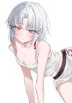  1girl absurdres alternate_costume blush breasts camisole collarbone commentary_request cross-laced_clothes cross-laced_skirt drake_(nikke) earrings goddess_of_victory:_nikke highres jewelry kawai_sung korean_commentary parted_bangs red_eyes short_hair sidelocks single_earring skirt small_breasts solo white_background white_camisole white_hair white_skirt 