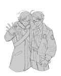  2boys ahoge america_(hetalia) arm_around_neck axis_powers_hetalia belt blush breast_pocket brothers canada_(hetalia) coat collared_shirt commentary_request cowboy_shot fur-trimmed_coat fur_trim glasses gloves hand_up highres huge_ahoge jacket lapels long_sleeves looking_at_viewer male_focus military_jacket military_uniform monochrome multiple_boys necktie open_mouth pants pocket puffy_long_sleeves puffy_sleeves sama_8_sm sash semi-rimless_eyewear shirt siblings simple_background smile standing star_(symbol) star_print white_background 