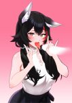  1girl \m/ animal_ears bare_shoulders black_hair blush breasts brown_eyes double_fox_shadow_puppet fox_shadow_puppet gradient gradient_background hair_ornament hairclip heart heart-shaped_pupils highres hololive invisible_penis jewelry looking_at_viewer multicolored_hair necklace ookami_mio open_mouth red_hair solo symbol-shaped_pupils tongue tongue_out twintails two-tone_hair virtual_youtuber wolf_ears zabudog777 