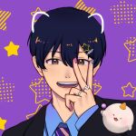  1boy :d biyoo_(omniscient_reader's_viewpoint) black_eyes black_hair black_jacket blue_shirt collared_shirt commentary drawn_ears grin highres jacket jewelry kim_dokja looking_at_viewer male_focus multicolored_nails multiple_rings n_juumt necktie omniscient_reader's_viewpoint portrait ring shirt short_hair smile solo striped_clothes striped_necktie suit_jacket v v_over_eye 