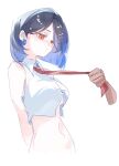 1girl 1other alternate_hair_length_(shorter) arms_behind_back black_hair blue_flower blue_hair blue_rose blunt_ends blush breasts closed_mouth clothes_grab collared_shirt crop_top cropped_shirt disembodied_hand dot_mouth earrings flower flower_earrings from_side gradient_hair great_yell_for_dreamers!_(project_sekai) hair_behind_ear hair_ornament hairclip highres jewelry large_breasts looking_at_object looking_down multicolored_hair navel necktie necktie_grab neckwear_grab official_alternate_costume official_alternate_hairstyle orange_eyes parallel_hairclips parted_hair phynolcrystal project_sekai red_necktie rose shiraishi_an shirt short_hair simple_background sleeveless sleeveless_shirt solo_focus star_(symbol) star_hair_ornament stomach upper_body white_background white_shirt wing_collar 