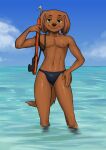  absurd_res anthro athletic bird_dog black_clothing black_speedo black_swimwear black_underwear blue_sky brown_body brown_fur brown_nipples brown_nose brown_tail canid canine canis clothing cloud diacordst domestic_dog eyebrows fluffy fluffy_tail fur hand_on_hip harpoon harpoon_gun hi_res hunting_dog labrador male mammal melee_weapon navel nipples paw_patrol pecs polearm pose raised_eyebrow retriever scuba_diver scuba_gear sea sky slim smile smirk smug solo spear speedo standing_in_water swimwear tight_clothing underwear water weapon yellow_eyes zuma_(paw_patrol) 