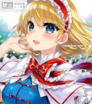  1girl :d alice_margatroid blonde_hair blue_dress blue_eyes blue_nails blush bow bowtie breasts capelet chacham commentary_request dress frilled_hairband frills hairband looking_at_viewer medium_breasts red_bow red_bowtie red_hairband smile solo touhou traditional_media twitter_username upper_body watermark white_capelet 