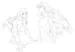  2girls angel_wings closed_mouth commentary_request dress feathered_wings fujino_shizuru greyscale guri_gom kneeling kuga_natsuki long_hair looking_at_another monochrome multiple_girls my-hime parted_lips wings 