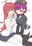  2girls :/ :d ;d ahoge arm_support asami_makiko_(heaven_burns_red) black_hat black_jacket black_pantyhose blunt_ends blush bob_cut breast_pocket breast_press breasts closed_mouth collared_shirt commentary crossed_bangs double_v dress_shirt embarrassed feet_out_of_frame flipped_hair frown furrowed_brow hair_between_eyes hands_up hat heaven_burns_red highres jacket large_breasts leaning_forward long_hair long_sleeves looking_at_viewer military_hat military_uniform multiple_girls one_eye_closed open_mouth pantyhose pencil_skirt pocket purple_hair randayo_sasaki red_eyes red_hair shirt short_hair simple_background sitting skirt sleeveless sleeveless_shirt smile speech_bubble split_mouth spoken_blush spoken_sparkle symmetrical_docking teeth tezuka_saki upper_teeth_only v v-shaped_eyebrows very_long_hair white_background white_pantyhose white_shirt white_skirt yellow_eyes yokozuwari 