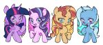  :d absurdres animal animal_focus aqua_background aqua_eyes aqua_streaks aqua_tail black_hair black_tail blonde_streaks blue_hair blue_skin blue_tail blunt_bangs blunt_ends border chinese_commentary closed_mouth colored_skin commentary_request cutie_mark eyes_visible_through_hair full_body highres long_hair lwen multicolored_hair my_little_pony my_little_pony:_friendship_is_magic no_humans open_mouth outside_border pink_background pink_streaks pink_tail purple_background purple_eyes purple_hair purple_streaks purple_tail raised_eyebrows red_hair red_tail simple_background smile sparkle starlight_glimmer straight_hair streaked_hair sunset_shimmer sunset_shimmer_(unicorn) tareme teeth tongue trixie_lulamoon tsurime twilight_sparkle two-tone_hair two-tone_tail unicorn upper_teeth_only v-shaped_eyebrows wavy_hair white_border winged_unicorn yellow_background yellow_tail 