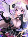  1girl ahoge aircraft airplane black_gloves black_horns breasts character_request city commentary_request copyright_request cup drinking_glass elbow_gloves fighter_jet giant giantess gloves highres holding holding_cup horns lips long_hair mariaclossz military_vehicle open_mouth pouring purple_eyes second-party_source see-through_cleavage see-through_clothes solo tongue wine_glass wings 