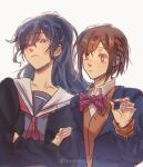  2girls absurdres asahina_mafuyu black_capelet blazer blue_jacket bow bowtie braid bright_pupils brown_cardigan brown_eyes brown_hair capelet cardigan closed_mouth collared_shirt commentary crossed_arms diagonal-striped_bow diagonal-striped_bowtie diagonal-striped_clothes english_commentary grey_background hair_between_eyes half-closed_eyes highres jacket kamiyama_high_school_uniform_(project_sekai) long_hair long_sleeves miyamasuzaka_girls'_academy_school_uniform multiple_girls neckerchief open_cardigan open_clothes open_jacket ponytail project_sekai purple_eyes purple_hair purple_shirt red_neckerchief rockdrop sailor_collar school_uniform serafuku shinonome_ena shirt short_hair side-by-side side_braid sidelocks simple_background striped_bow striped_bowtie striped_clothes twitter_username upper_body watermark white_pupils white_sailor_collar white_shirt 