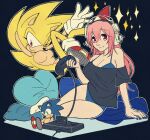 alternate_form anthro black_nose blue_body blue_fur bra breasts cleavage clothed clothing controller countershade_torso countershading crossgender ctrl_bullet duo electronics eulipotyphlan eyelashes featureless_breasts female footwear fur game_console game_controller glistening glistening_nose gloves hair halftone halftone_dots handwear headphones heart_pillow hedgehog hi_res human long_hair looking_at_viewer mammal mtf_crossgender one_eye_closed pillow pink_eyes pink_hair pointy_ears red_eyes sega sega_genesis shirt shoes smile smiling_at_viewer socks sonic_the_hedgehog sonic_the_hedgehog_(series) sparkles super_sonic super_sonico topwear underwear video_game_console wire yellow_body yellow_fur