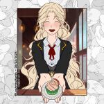 1girl absurdres alma_prisma_(lopartbymarah) black_jacket blonde_hair candle closed_eyes collared_shirt commission cupcake dated food grey_vest highres incoming_gift indoors jacket long_hair lopartbymarah neck_ribbon original parted_bangs plate red_ribbon ribbon rwby shirt signature solo table vest white_shirt window wooden_table wooden_wall yellow_jacket 