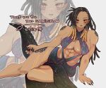  1girl abs black_hair black_nails blush breasts colored_sclera commentary_request commission criss-cross_halter dark-skinned_female dark_skin dreadlocks dress earrings english_text halter_dress halterneck heart highres jewelry multicolored_hair navel nemu_(minn_teritama) open_mouth original pointy_ears red_eyes skeb_commission solo tail translation_request yellow_sclera 